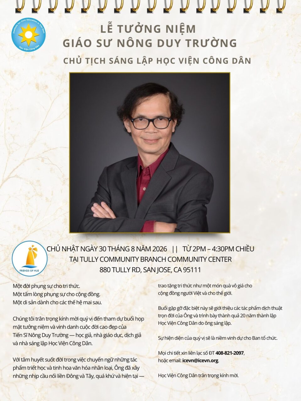 Thiệp mời Lễ Tưởng Niệm Giáo Sư Nông Duy Trường, Chủ Nhật 30 tháng 8 năm 2026, 2PM-4:30PM, Tully Community Branch Community Center, 880 Tully Rd, San Jose, CA 95111.