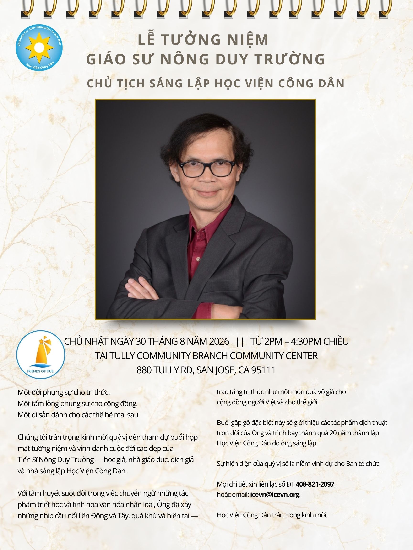 Thiệp mời Lễ Tưởng Niệm Giáo Sư Nông Duy Trường, Chủ Nhật 30 tháng 8 năm 2026, 2PM-4:30PM, Tully Community Branch Community Center, 880 Tully Rd, San Jose, CA 95111.